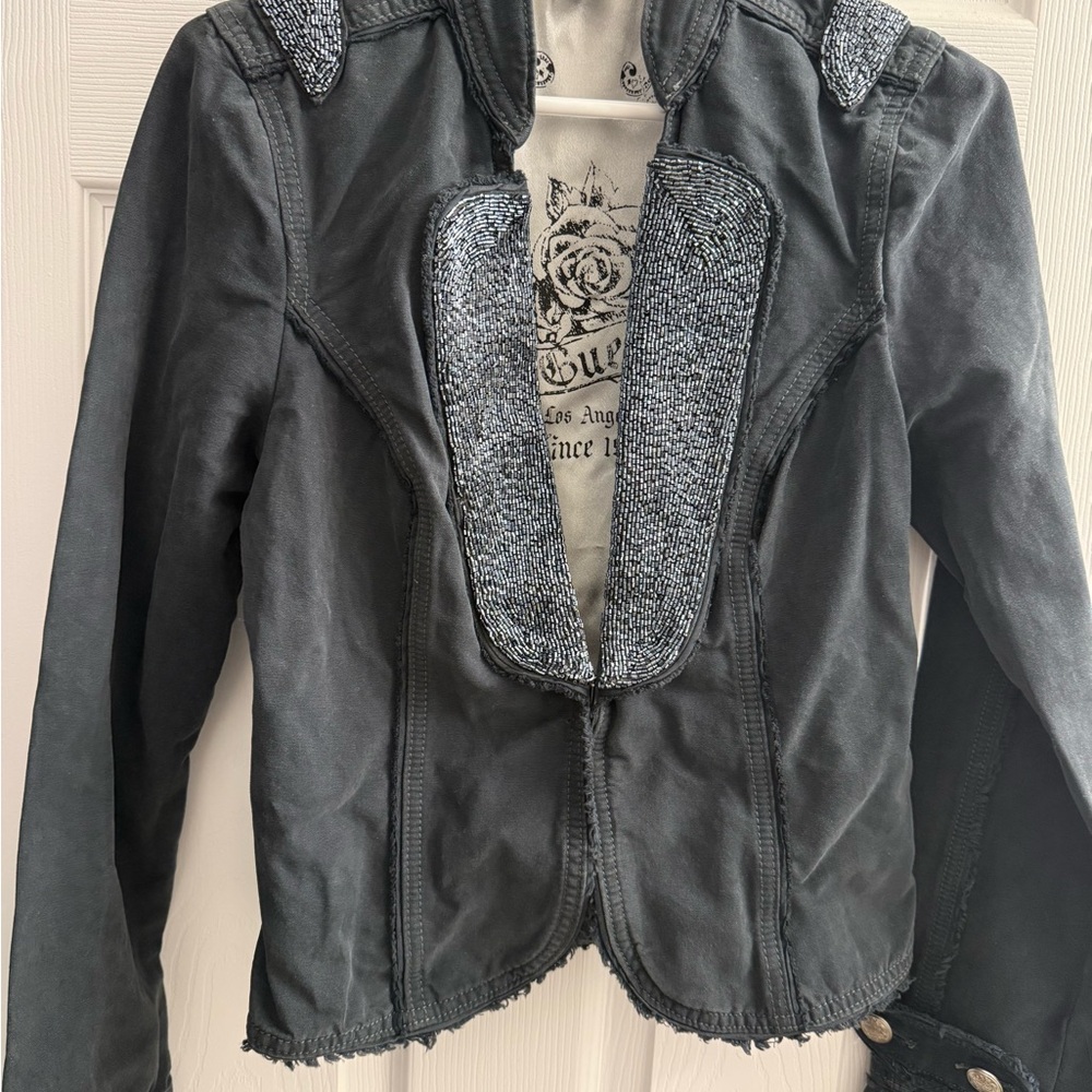 Black Distressed Military-Style Jean Jacket